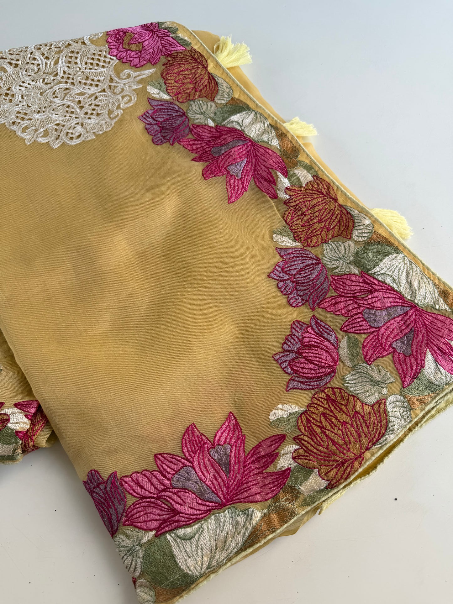 S020 - Soft organza appliqué embroidered saree in 3 colours