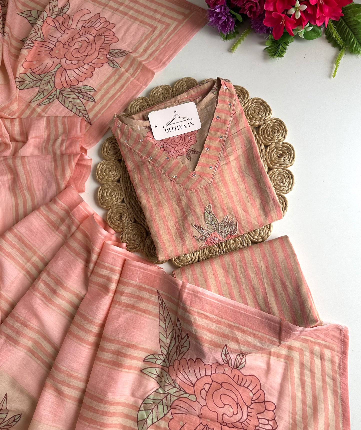 K629 - Mul cotton embroidered Aline Kurti with pants and dupatta