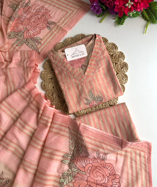K629 - Mul cotton embroidered Aline Kurti with pants and dupatta