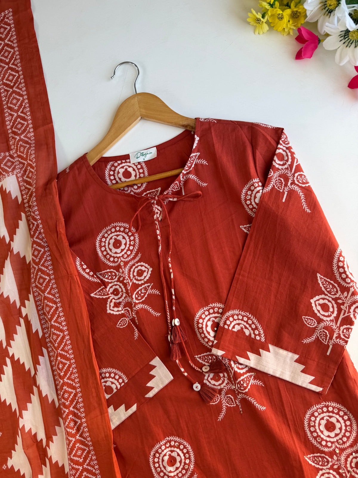 K056 - Mul cotton embroidered straight Kurti with pants and dupatta