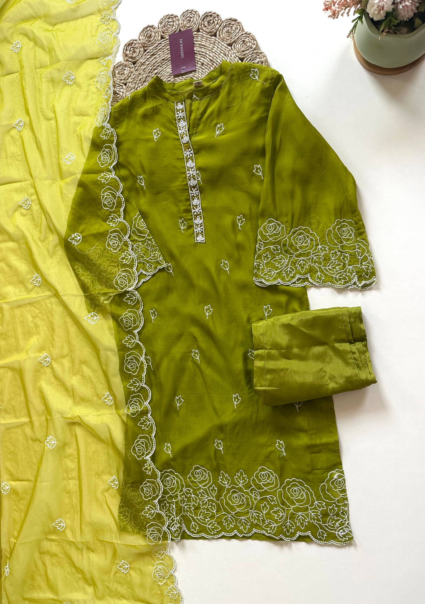 K263 - Viscose organza Embroidered straight kurti with pants and dupatta .