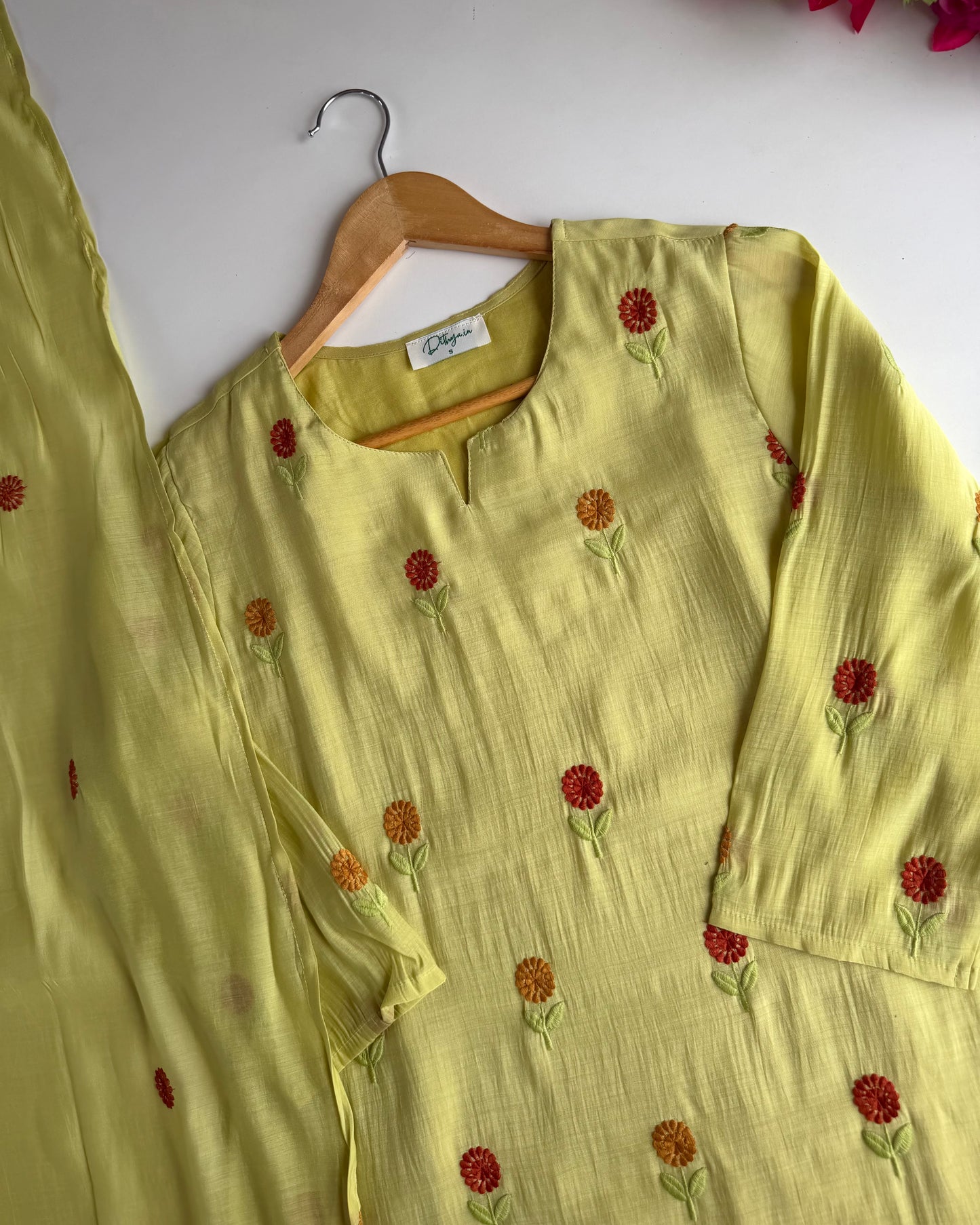 K570 - Surat Mul chanderi embroidered Aline Kurti with pants and dupatta