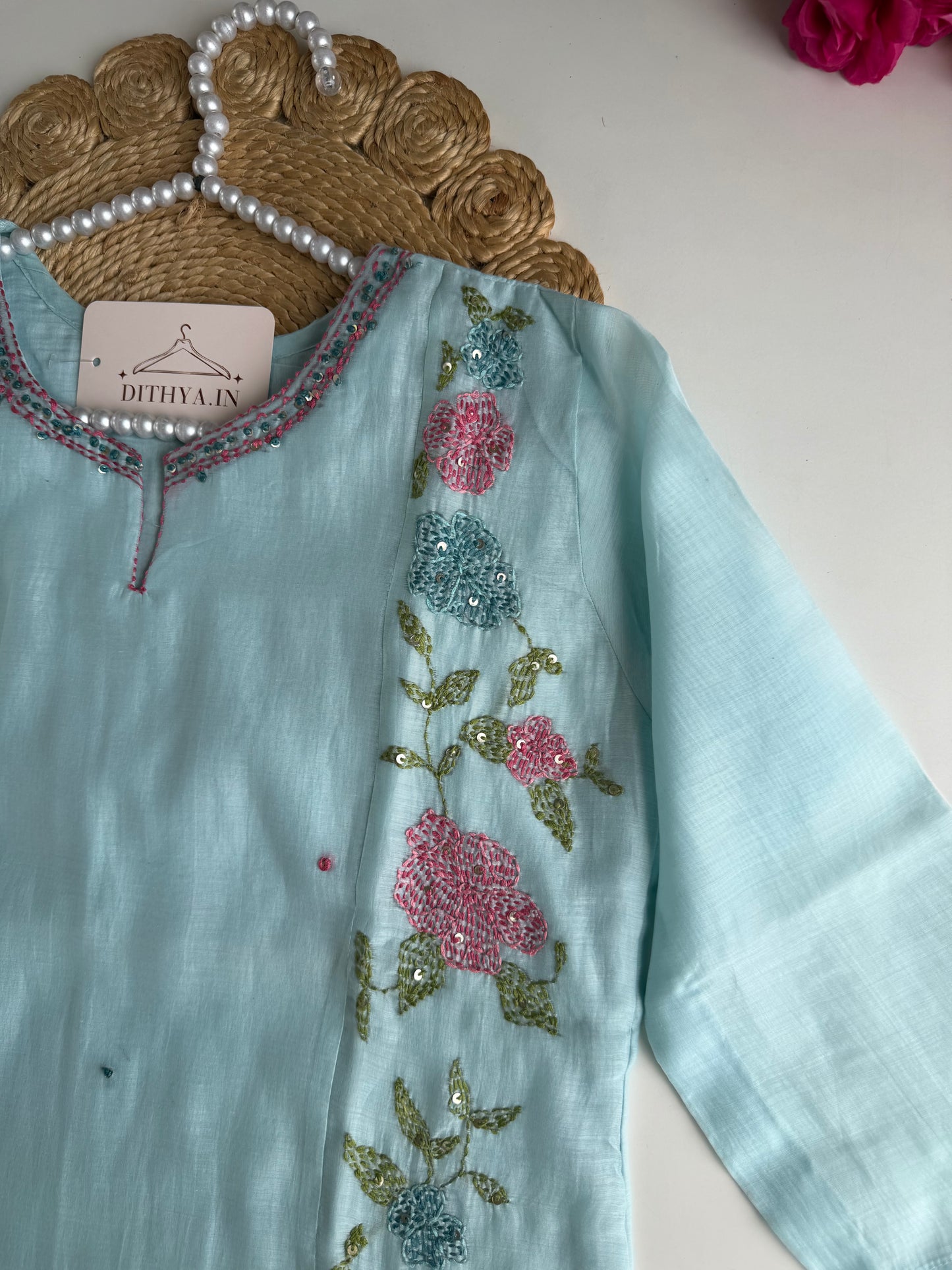 K723 - Mul chanderi embroidered straight Kurti with pants and dupatta