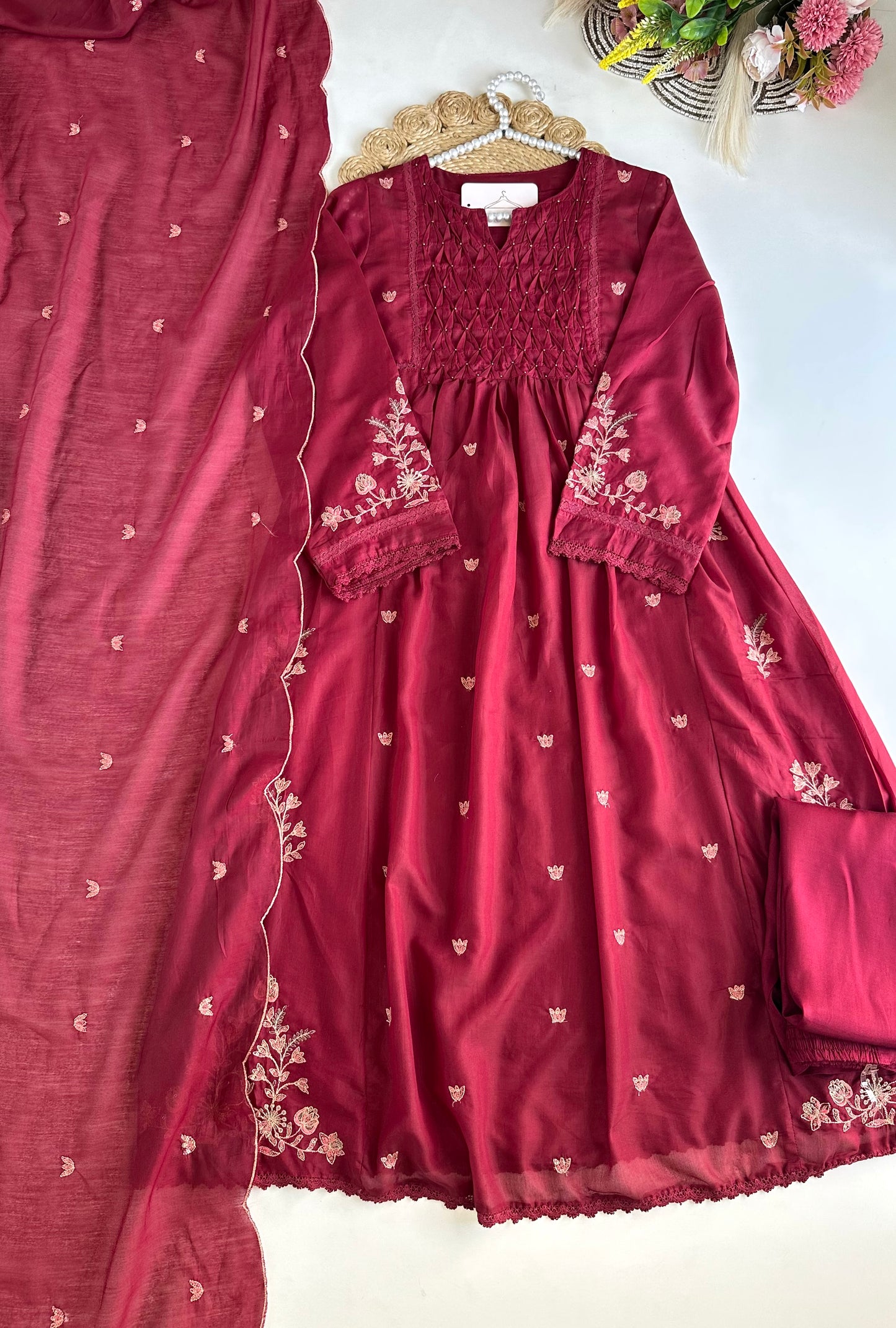K485 - Mul Chanderi zari work Anarkali with pants and dupatta