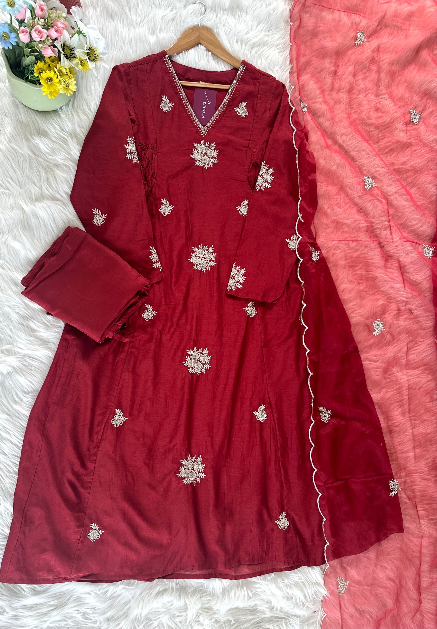K370 - Mul Chanderi Zari work Anarkali with pants and dupatta in 2 colours