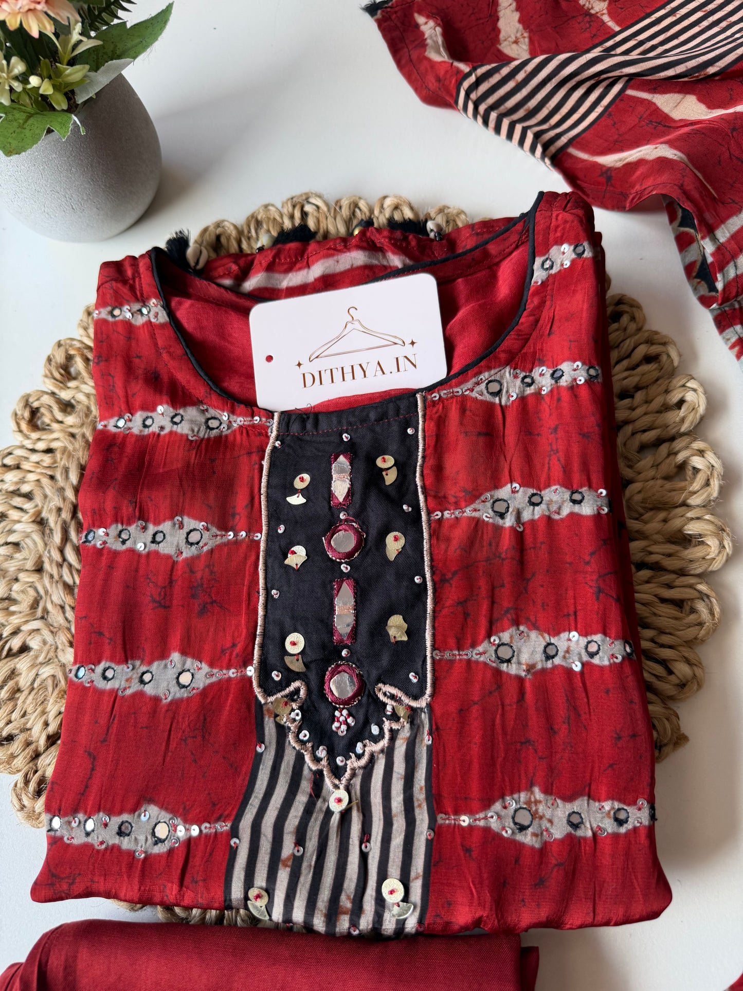 K145 - Pure crape Ajrakh straight Kurti with pants and dupatta