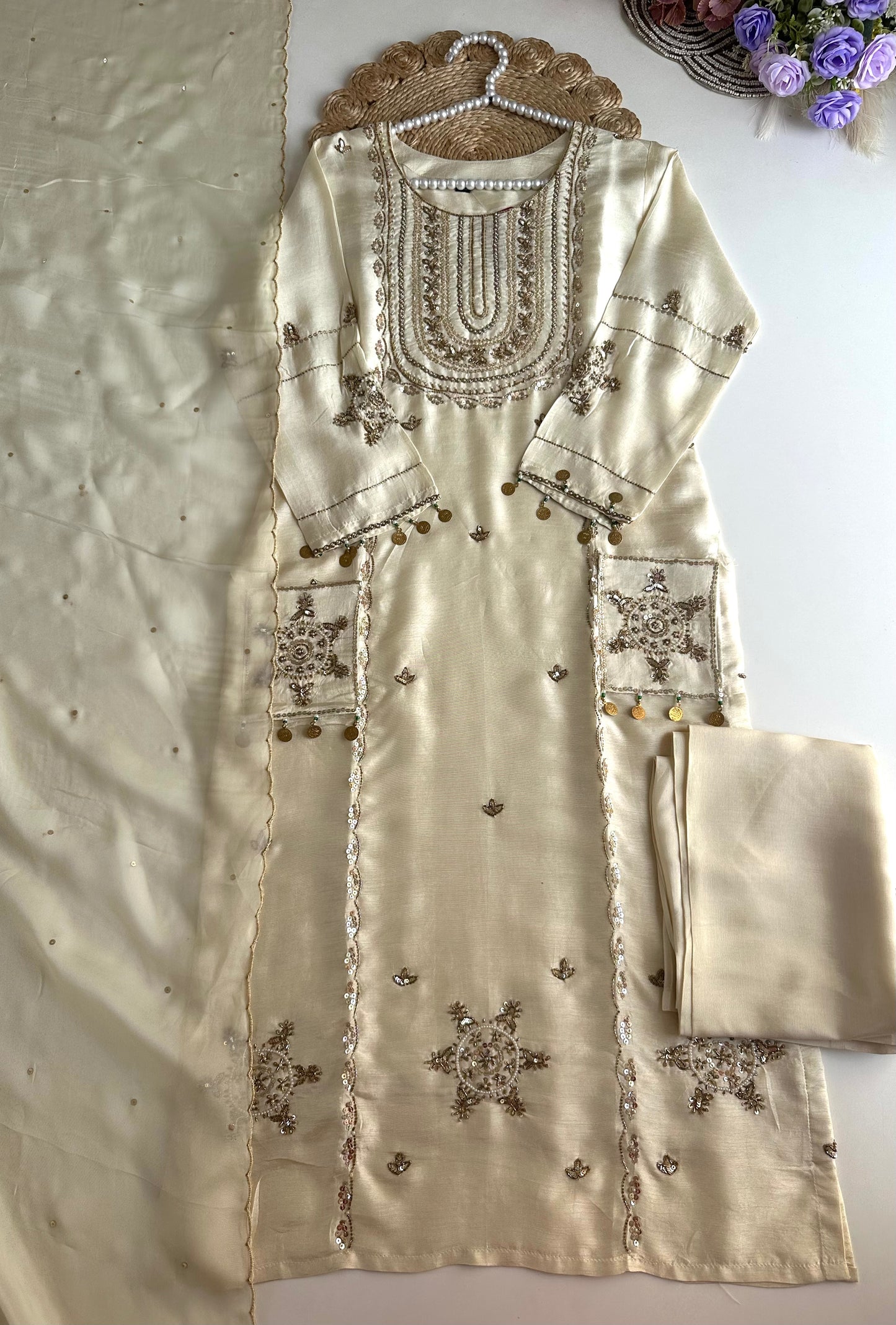 K188 - Russian silk handwork straight Kurti with pants and dupatta in 2 colours