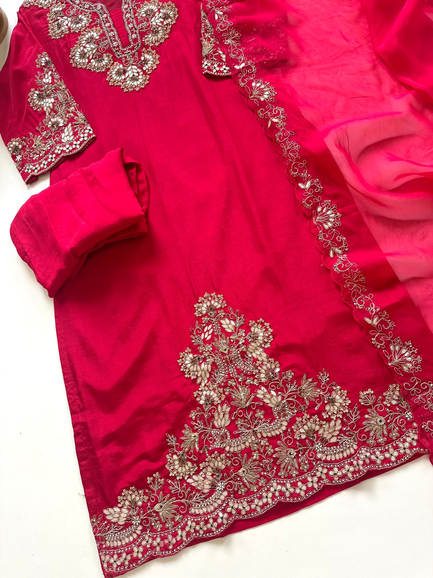 K208 - Russian silk Handwork straight Kurti with pants and organza dupatta.