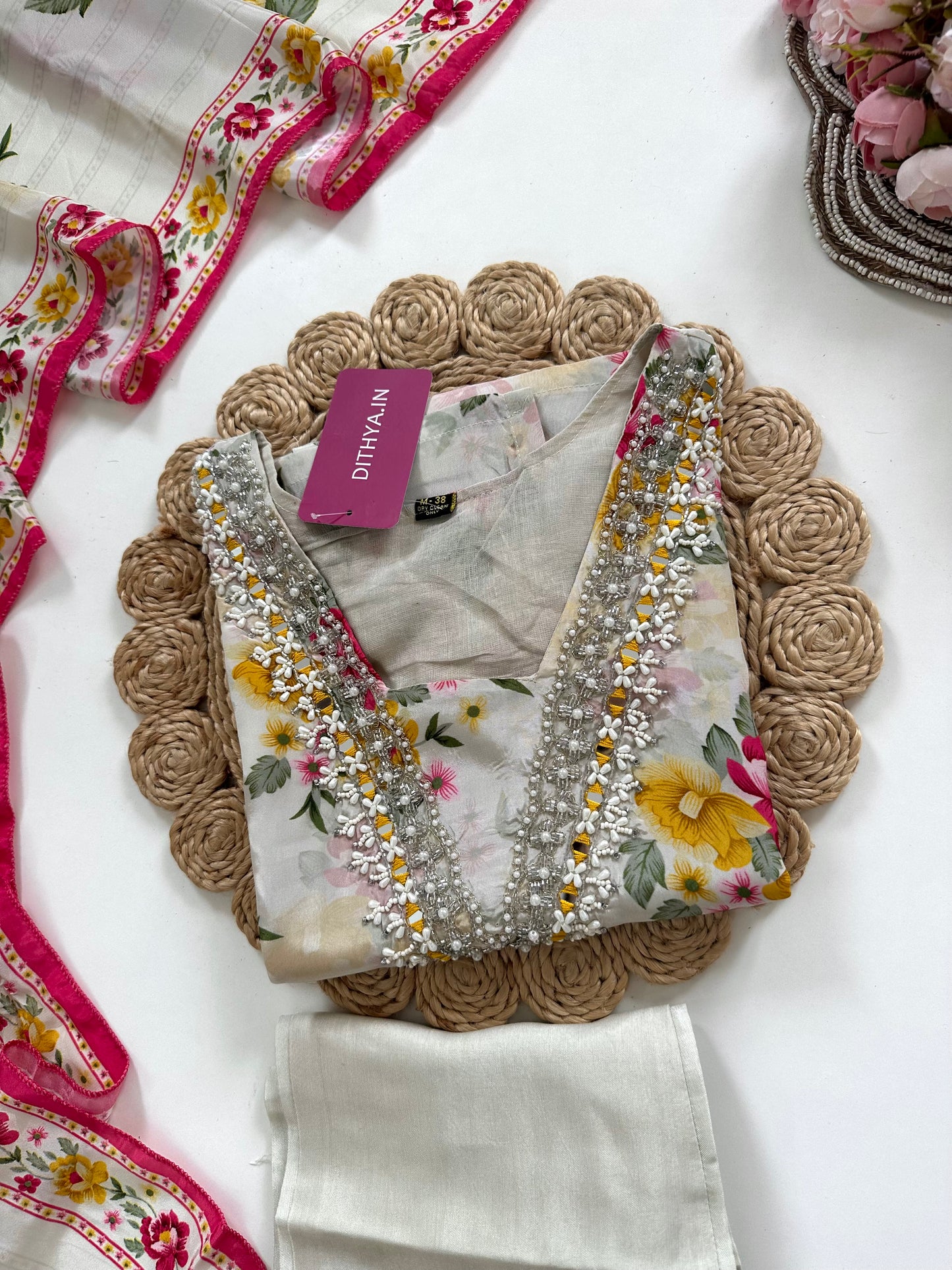K083 - Viscose organza handwork straight Kurti with pants and dupatta