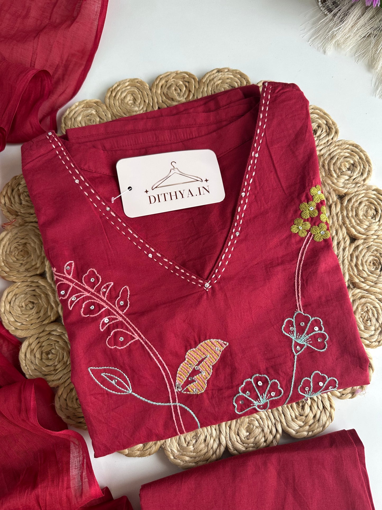 K592 - Cotton embroidered straight Kurti with pants and dupatta in 2 colours