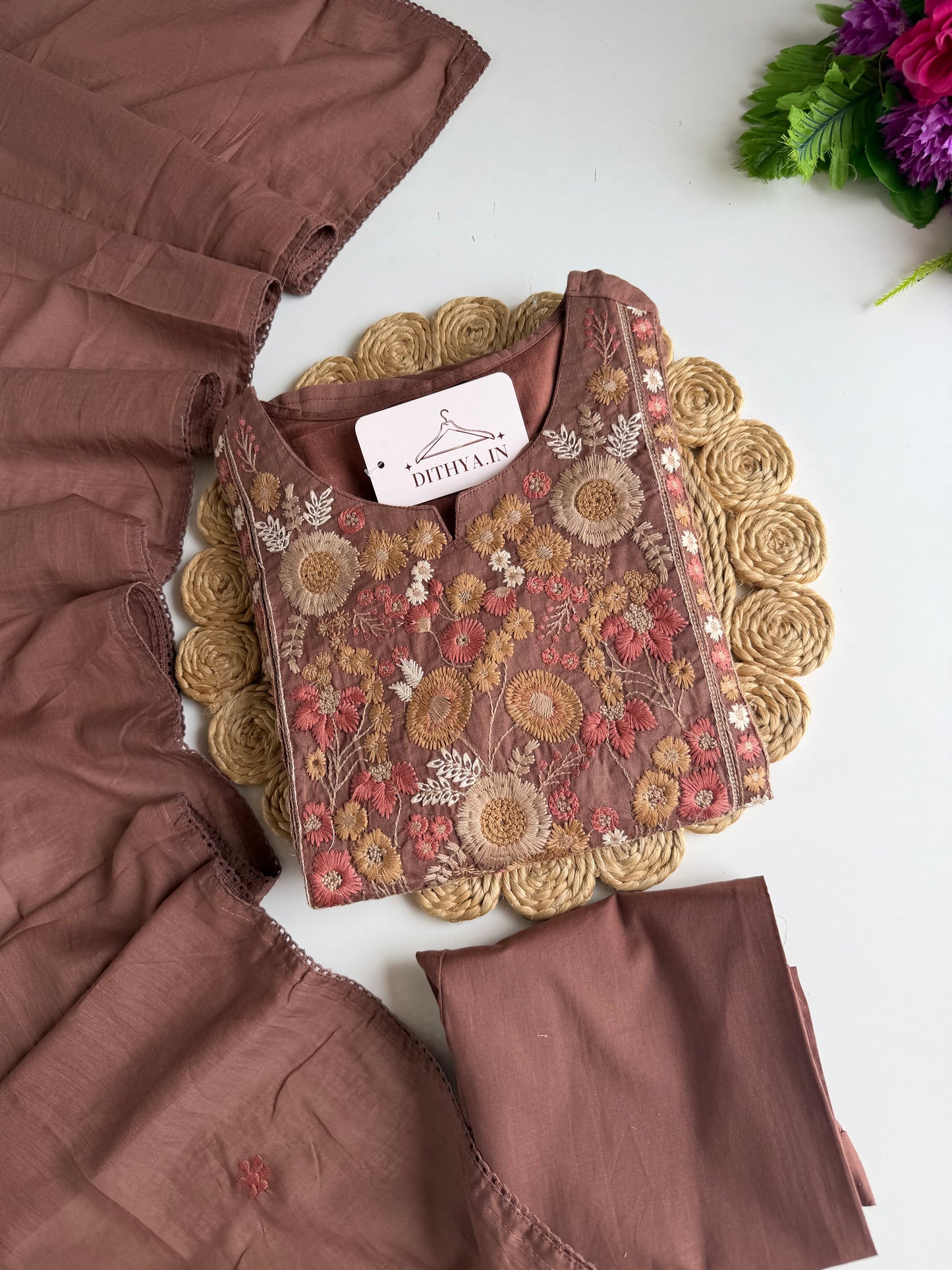 K657 - Mul cotton embroidered straight Kurti with pants and dupatta