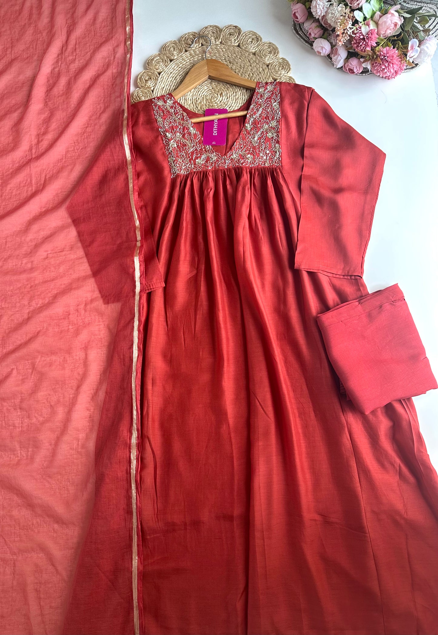 K235 - Mul Chanderi zari work Aline Kurti with pants and dupatta