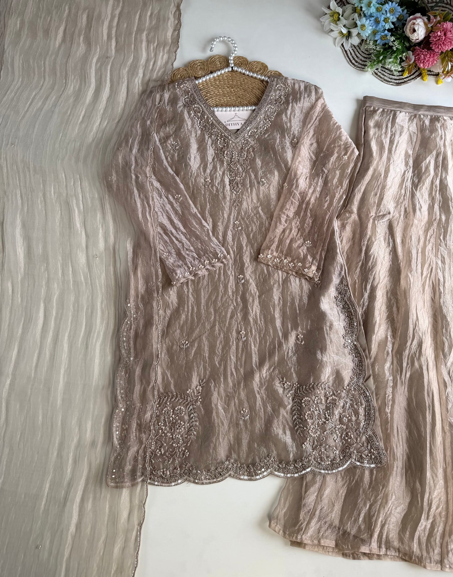 K184 - Crushed glass tissue short Kurti with divider pants and dupatta