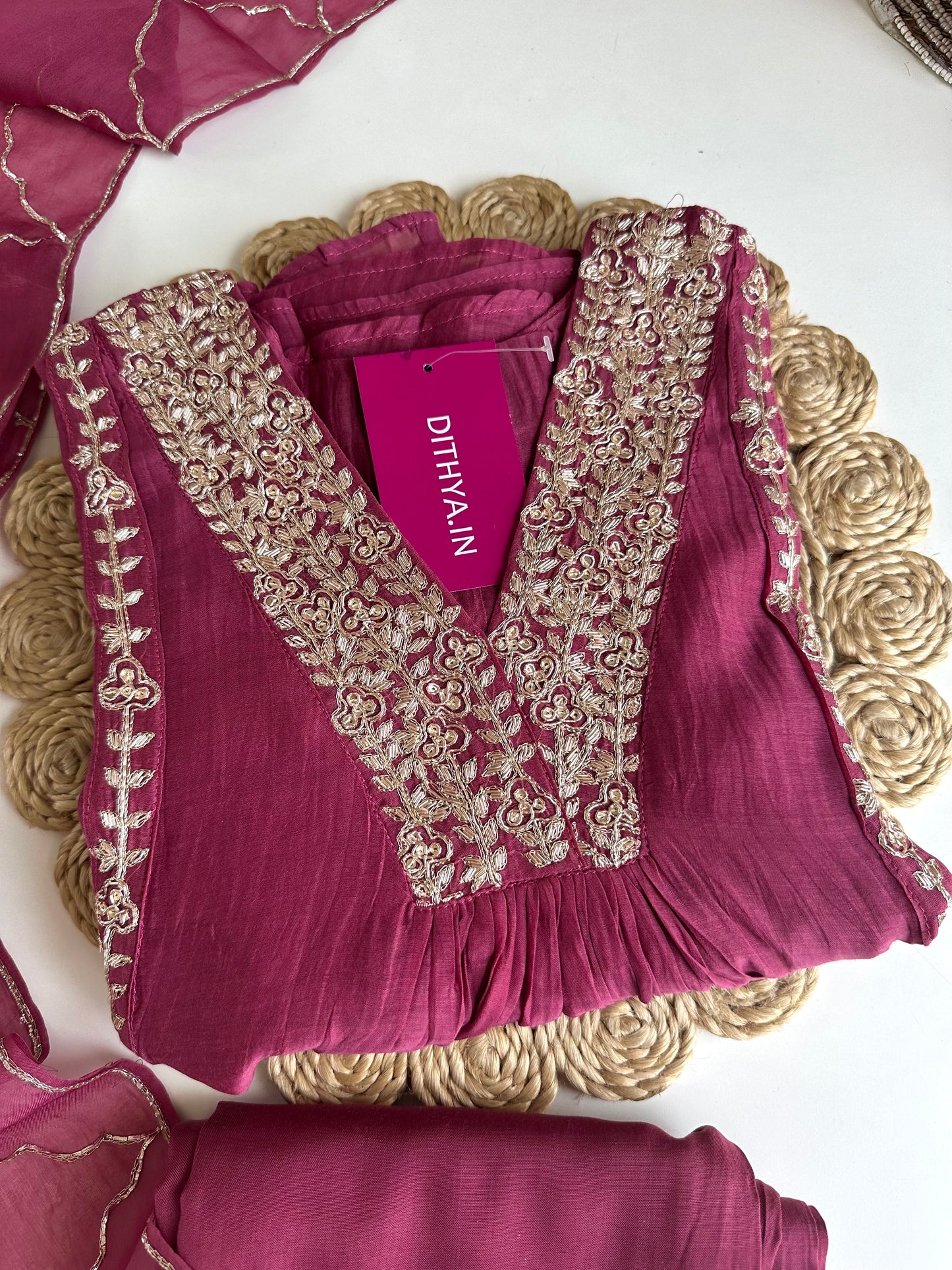 K165 - Mul Chanderi handwork Aline Kurti with pants and dupatta