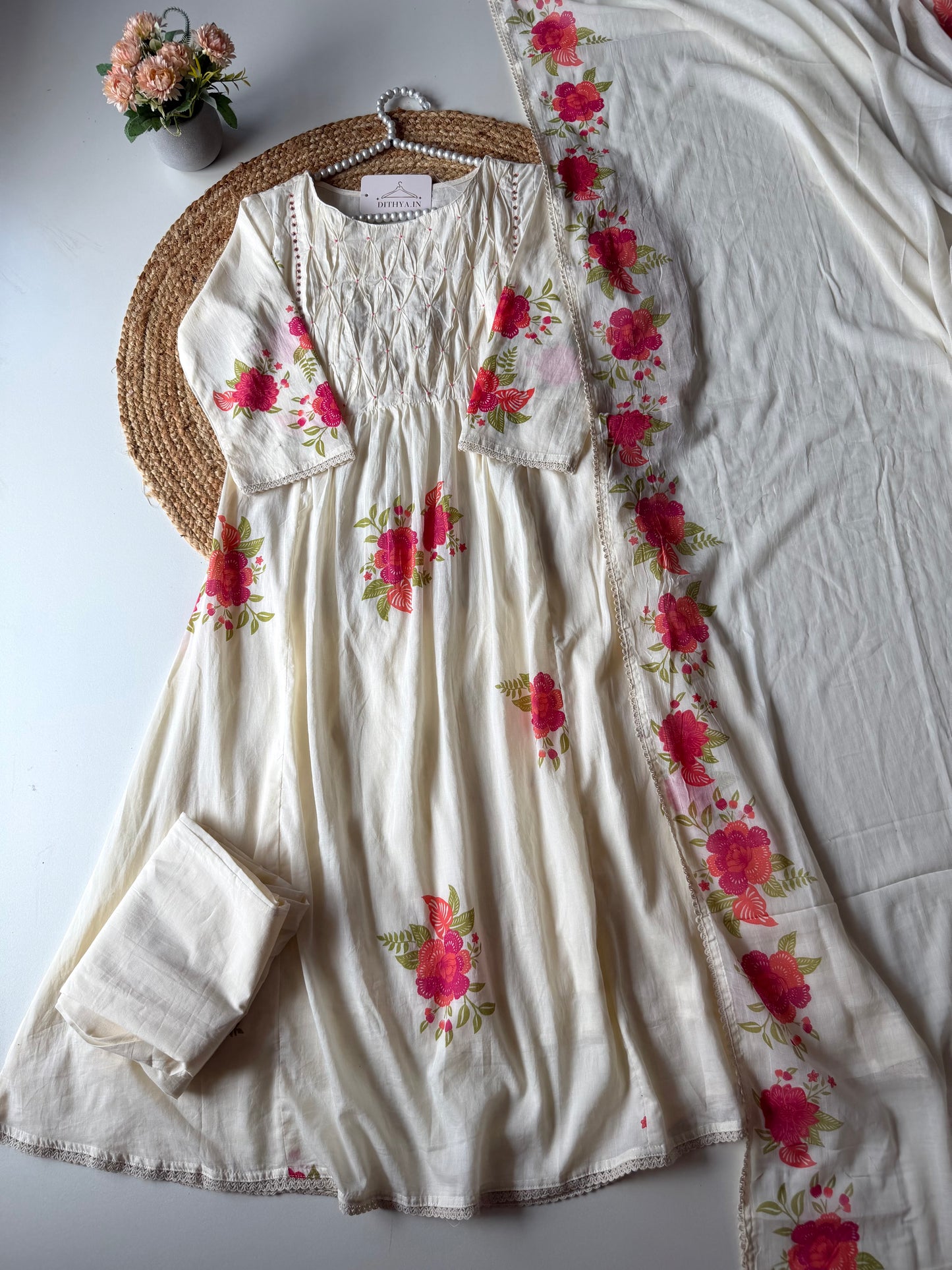 K245 - Mul cotton embroidered Anarkali with pants and dupatta