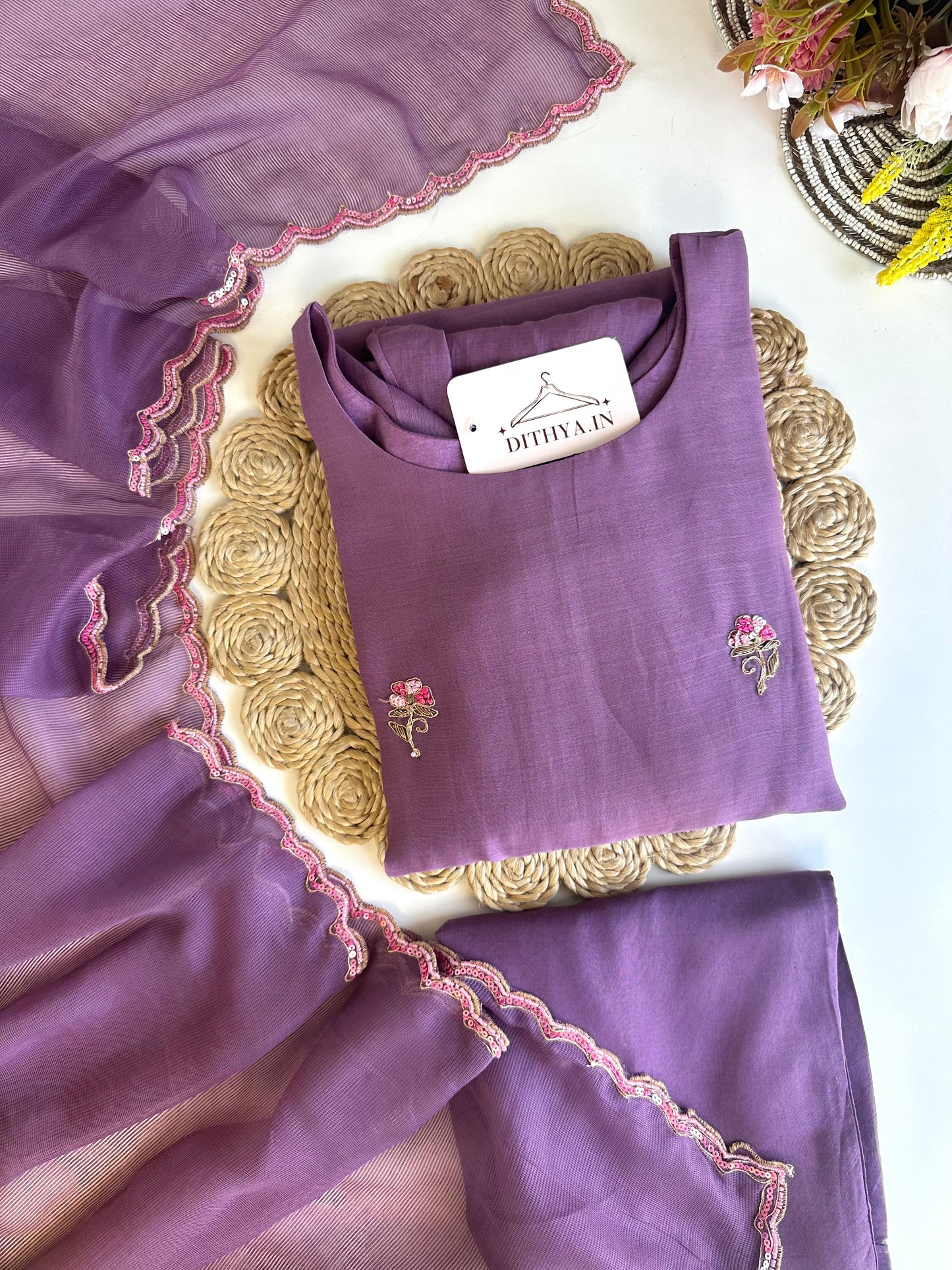 K469 - Mul chanderi handwork Aline kurti with pants and dupatta