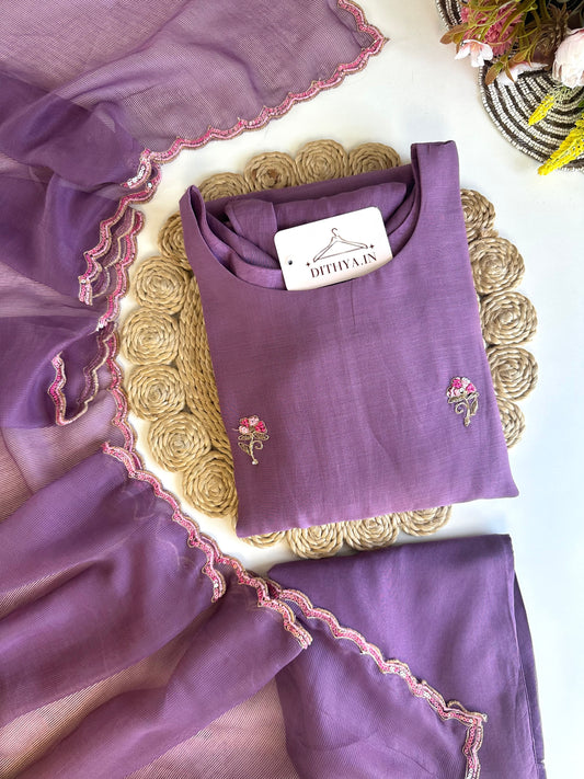 K469 - Mul chanderi handwork Aline kurti with pants and dupatta