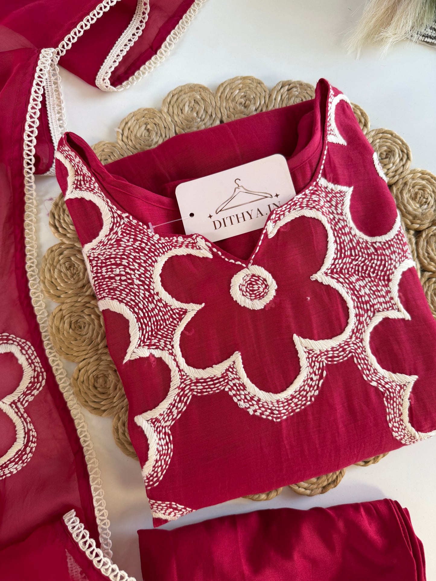 K609 - Mul chanderi embroidered Aline Kurti with pants and dupatta