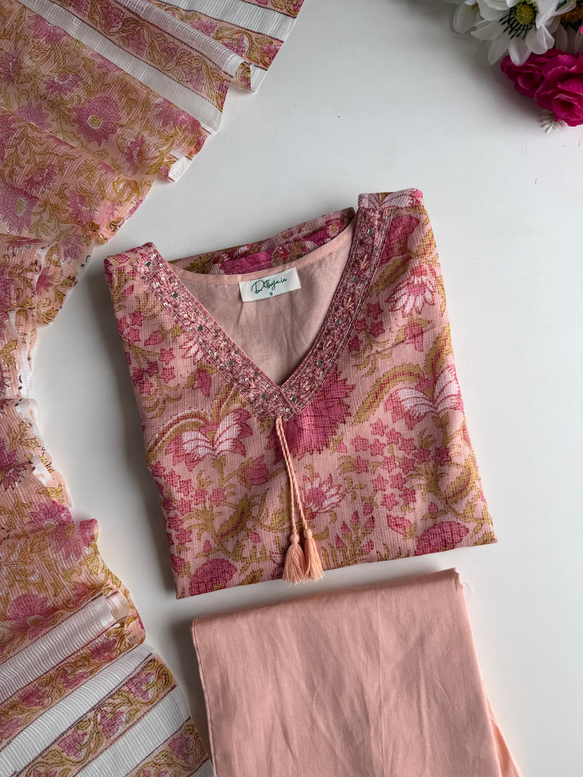 K296-Kota doriya embroidered straight Kurti with pants and dupatta
