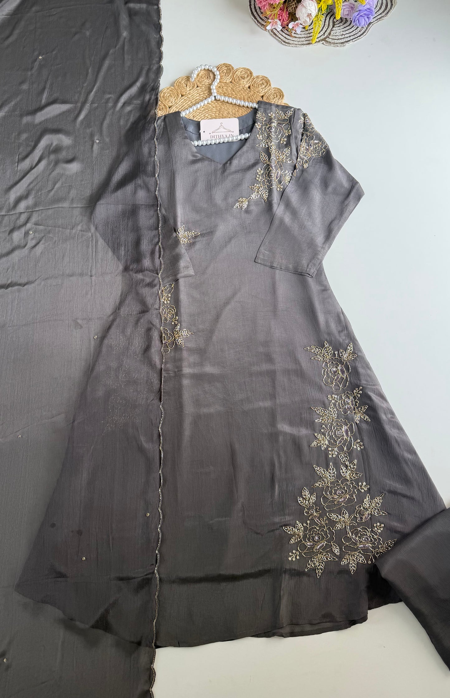 K114 - Pure Chinnon handwork aline Kurti with pants and dupatta