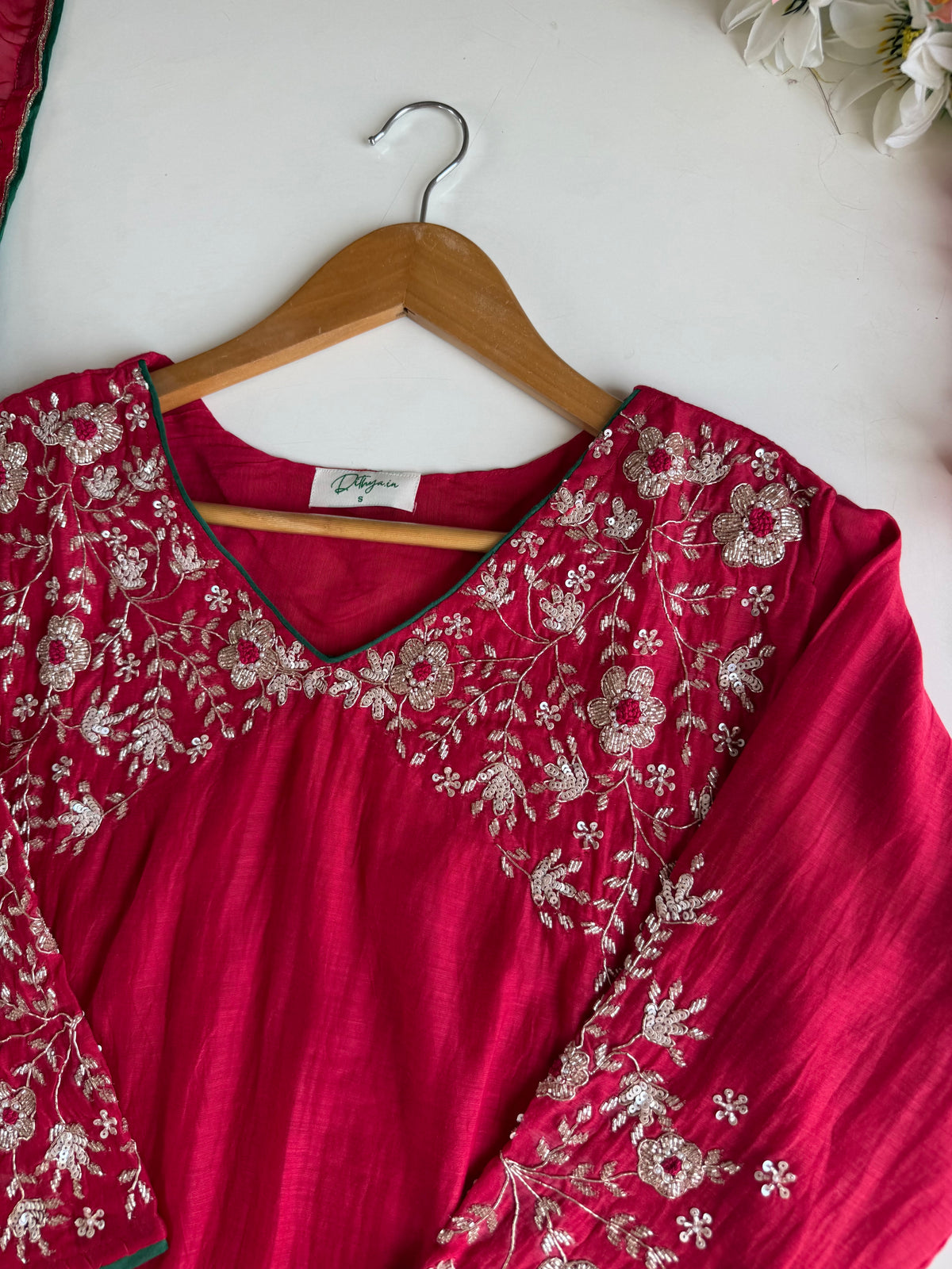 K601 -Mul chanderi handwork Aline Kurti with pants and dupatta
