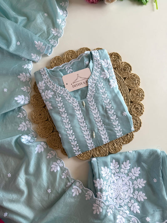 K213 - Mulmul cotton embroidered straight Kurti with pants and dupatta