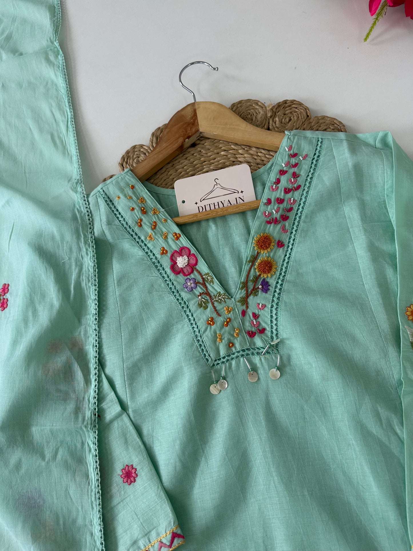 K580 - Mul cotton embroidered Aline Kurti with pants and dupatta