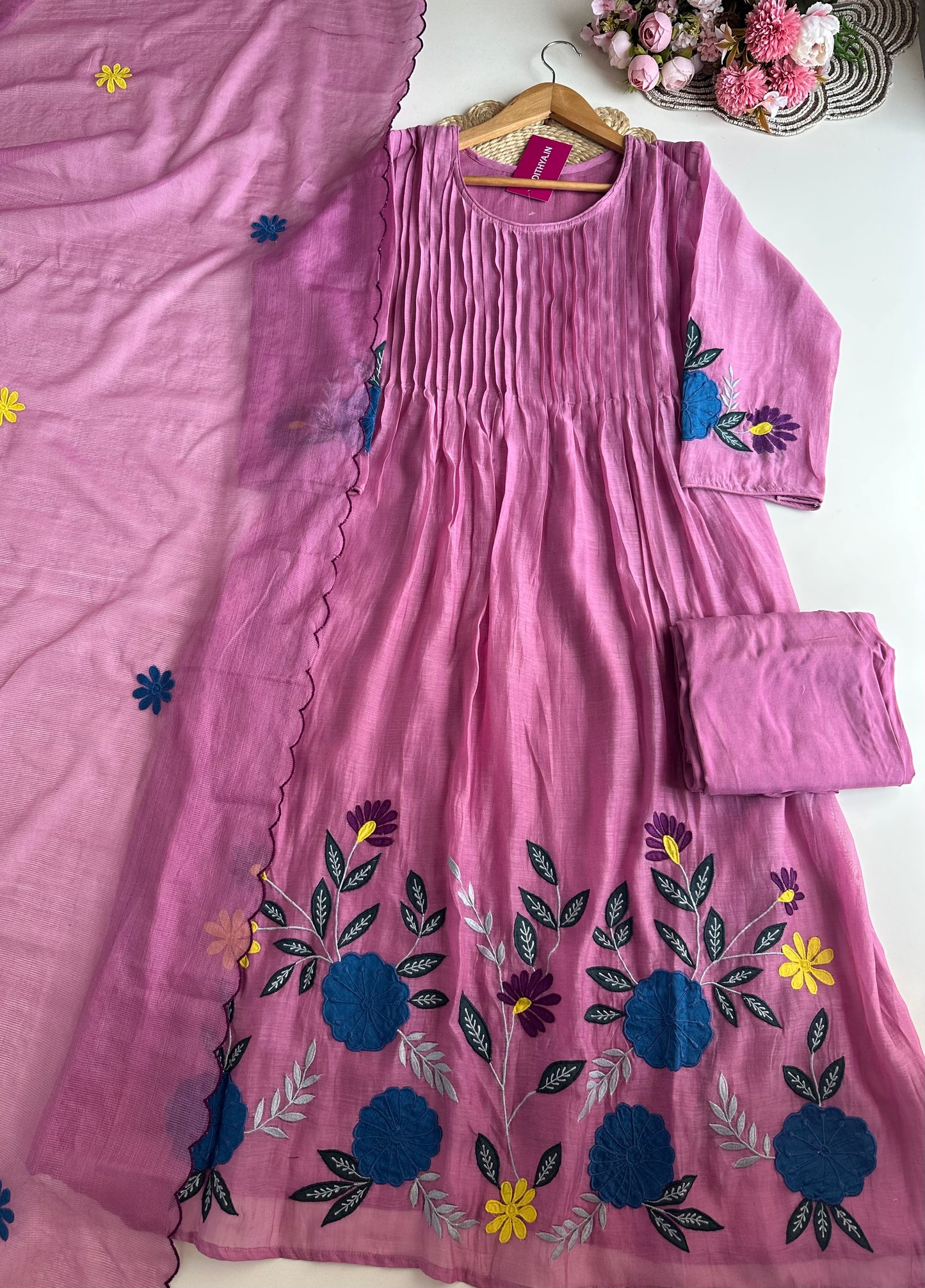 K126 - Mul Chanderi embroidered Aline Kurti with pants and dupatta