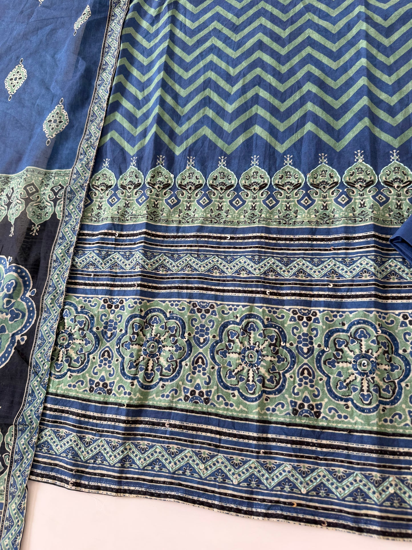 K144 - Mul cotton ajrakh embroidered straight Kurti with pants and dupatta