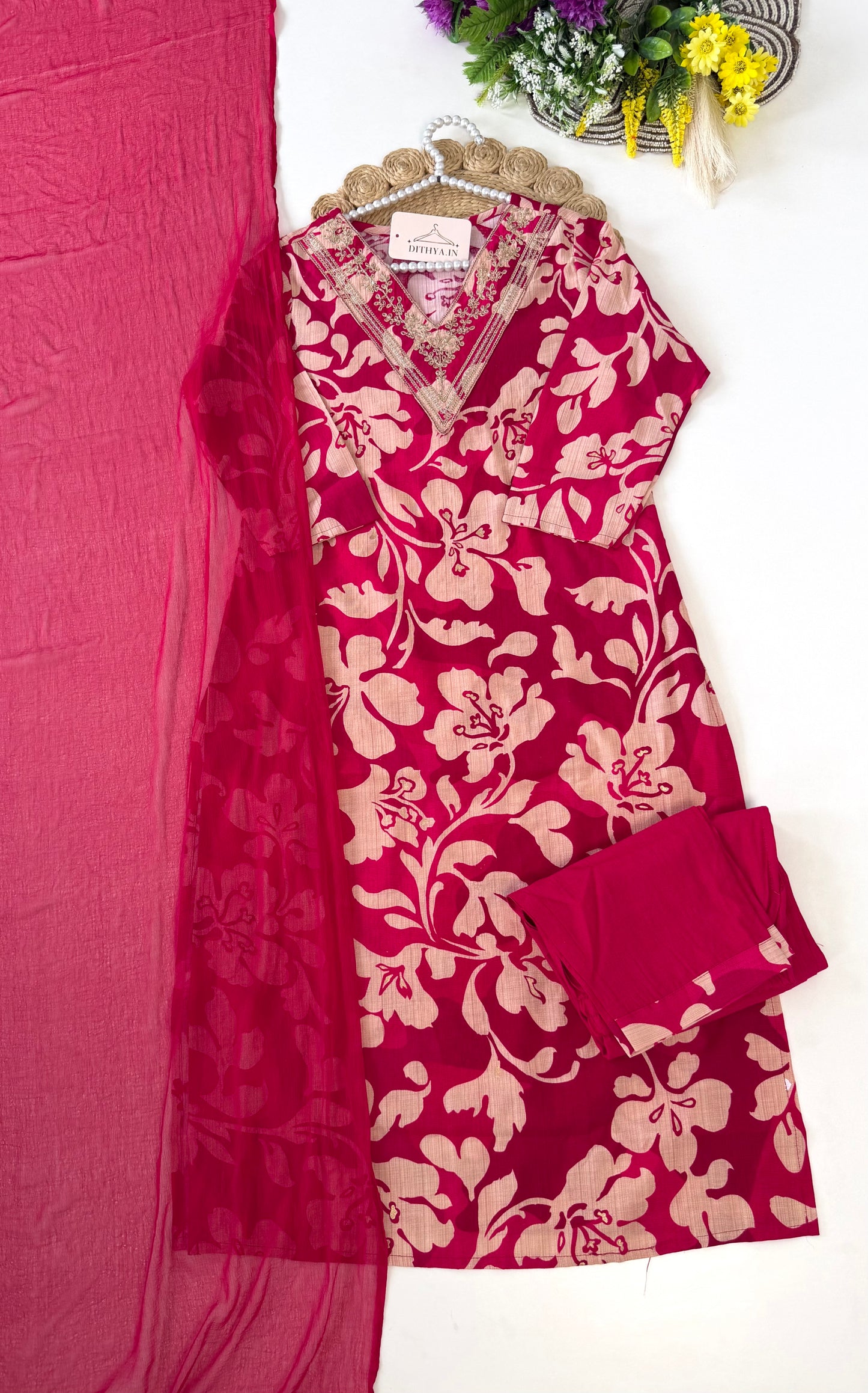K544 - Roman silk embroidered straight Kurti with pants and dupatta