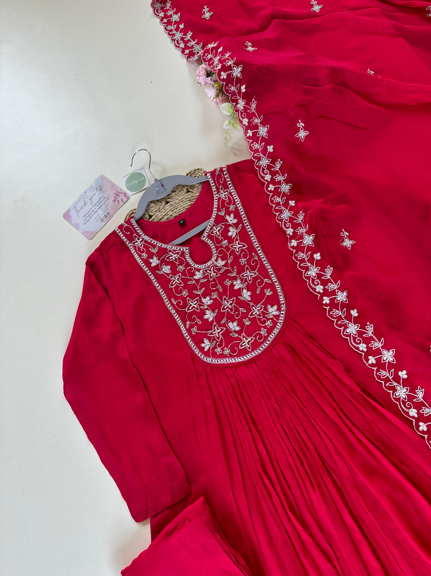 K023 - Handwork Chinnon Anarkali with pants and dupatta.