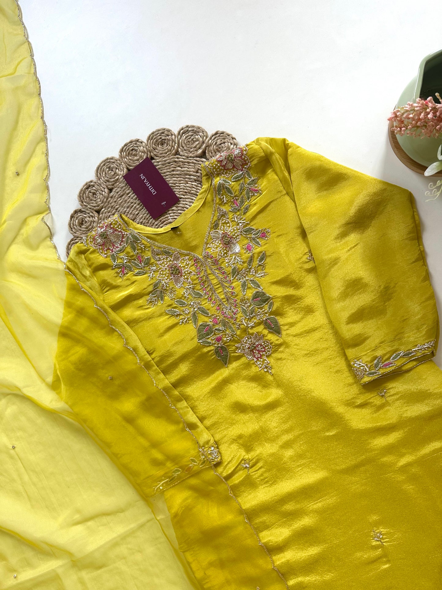 K167 - Tissue silk handwork straight kurti with pants and dupatta.