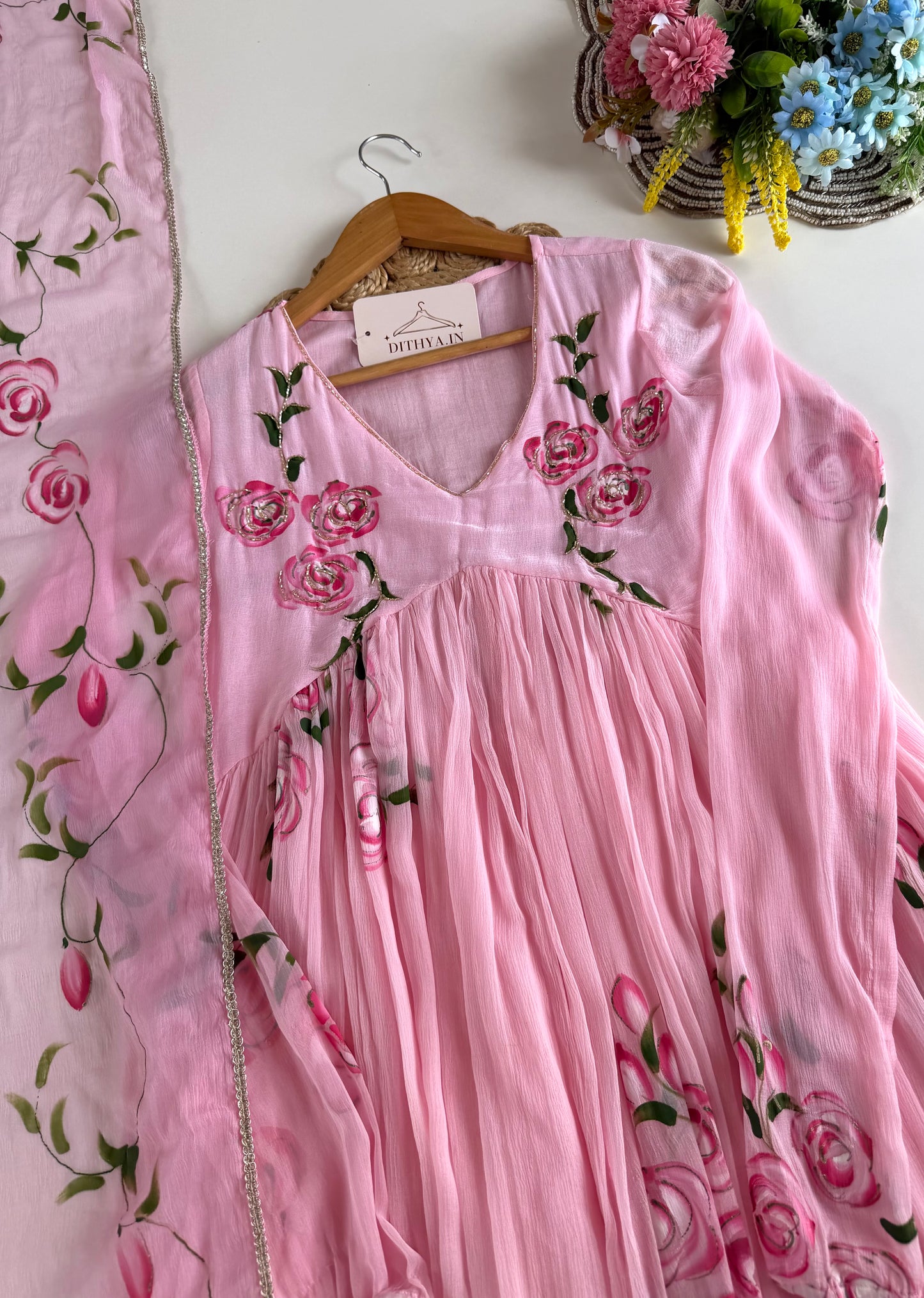 K428 - Pure Chinnon floral Anarkali with pants and dupatta