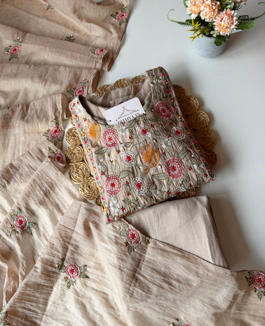 K140 - Mul chanderi embroidered Anarkali with pants and dupatta