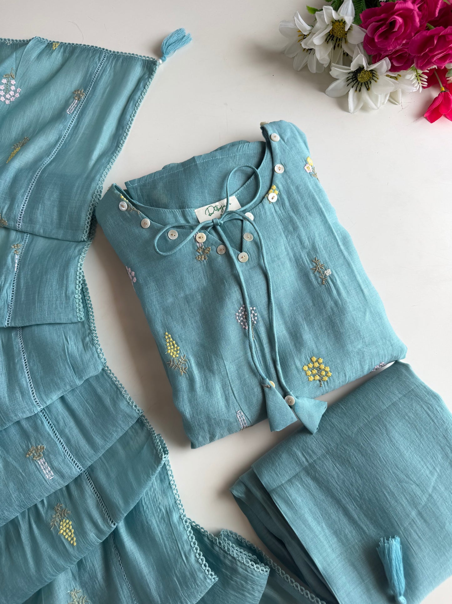 K736 - Surat Mul chanderi paisley embroidered Aline Kurti with pants and dupatta in 2 colours
