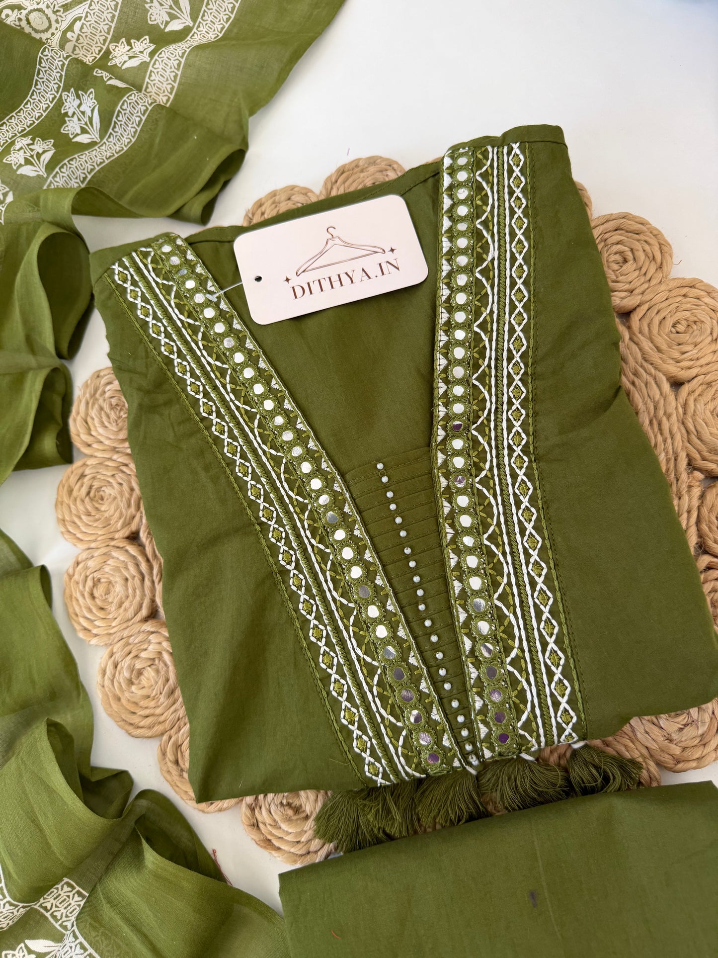 K259 - Mul cotton embroidered Aline Kurti with pants and dupatta