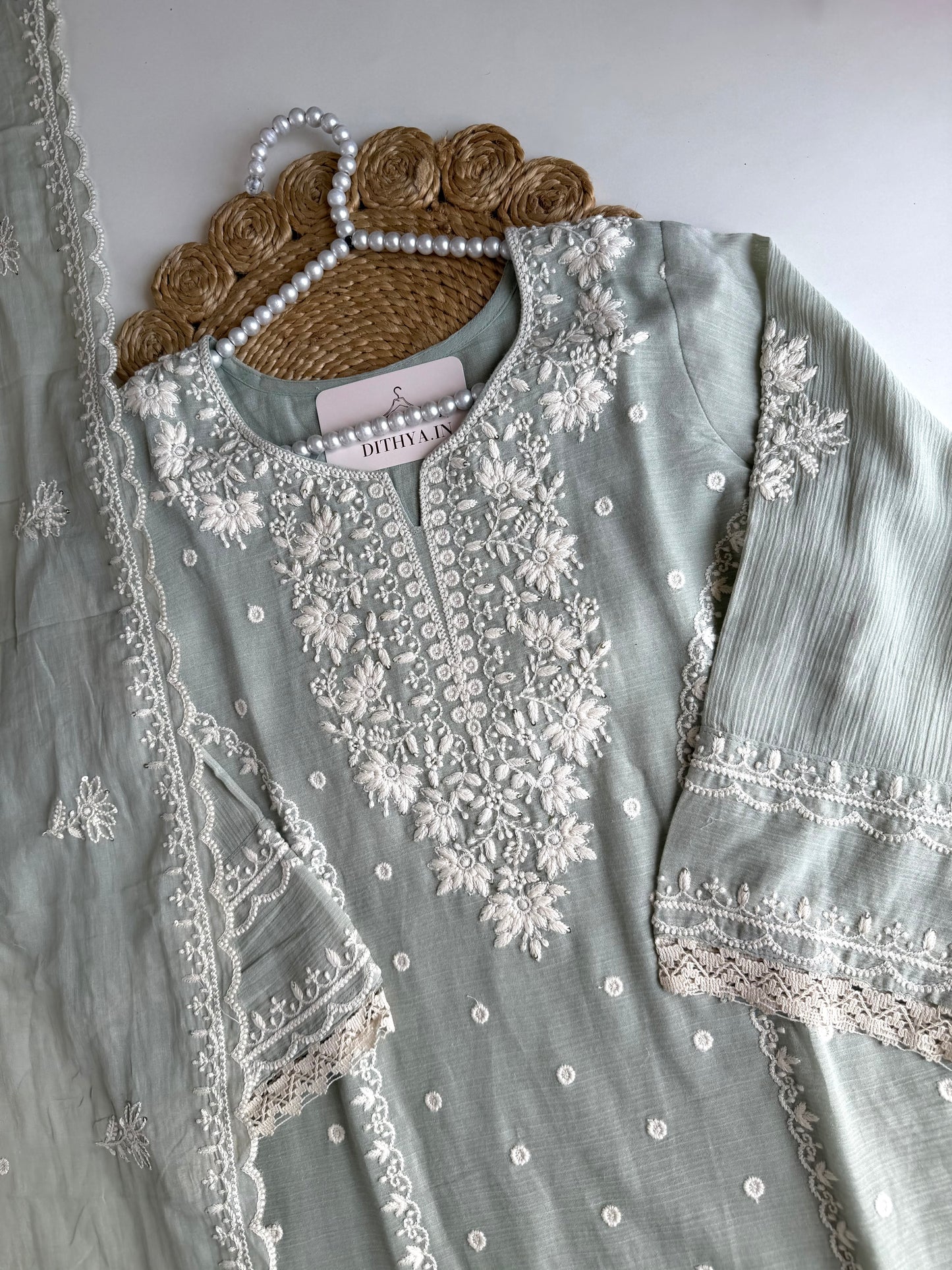 K698 - Crushed mul chanderi embroidered straight Kurti with pants and dupatta
