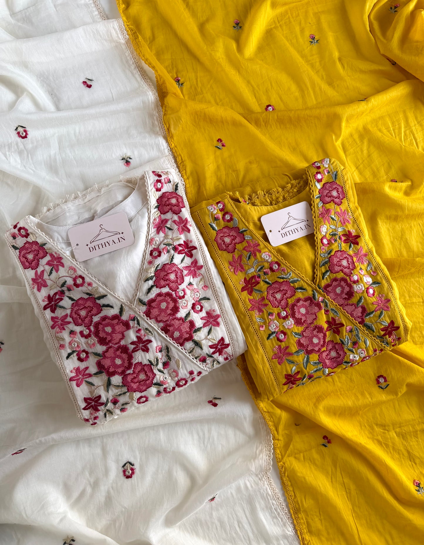 K476 - Mul Mul cotton embroidered Anarkali with pants and dupatta in 2 colours