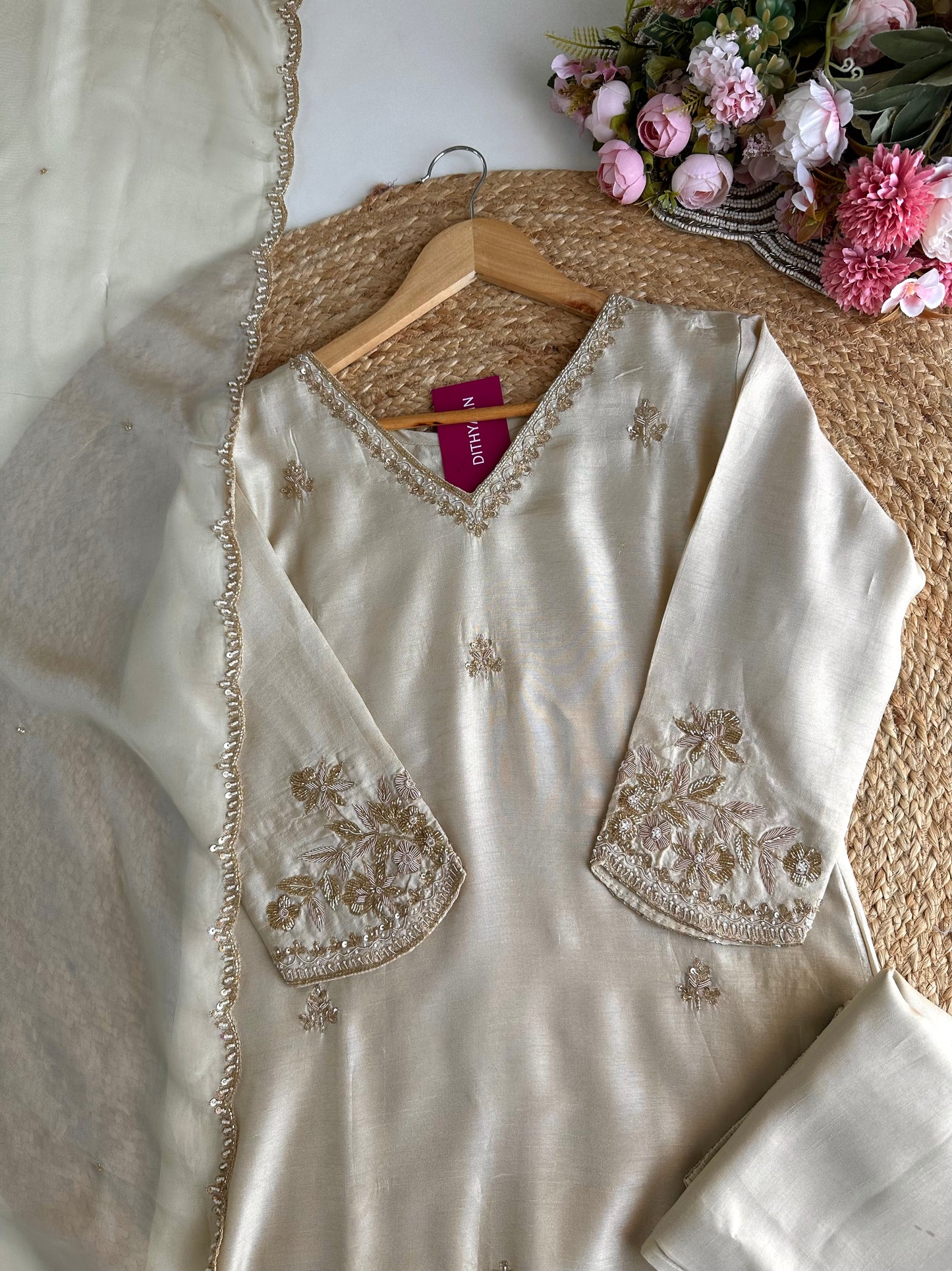 K415 - Russian silk handwork straight Kurti with pants and dupatta