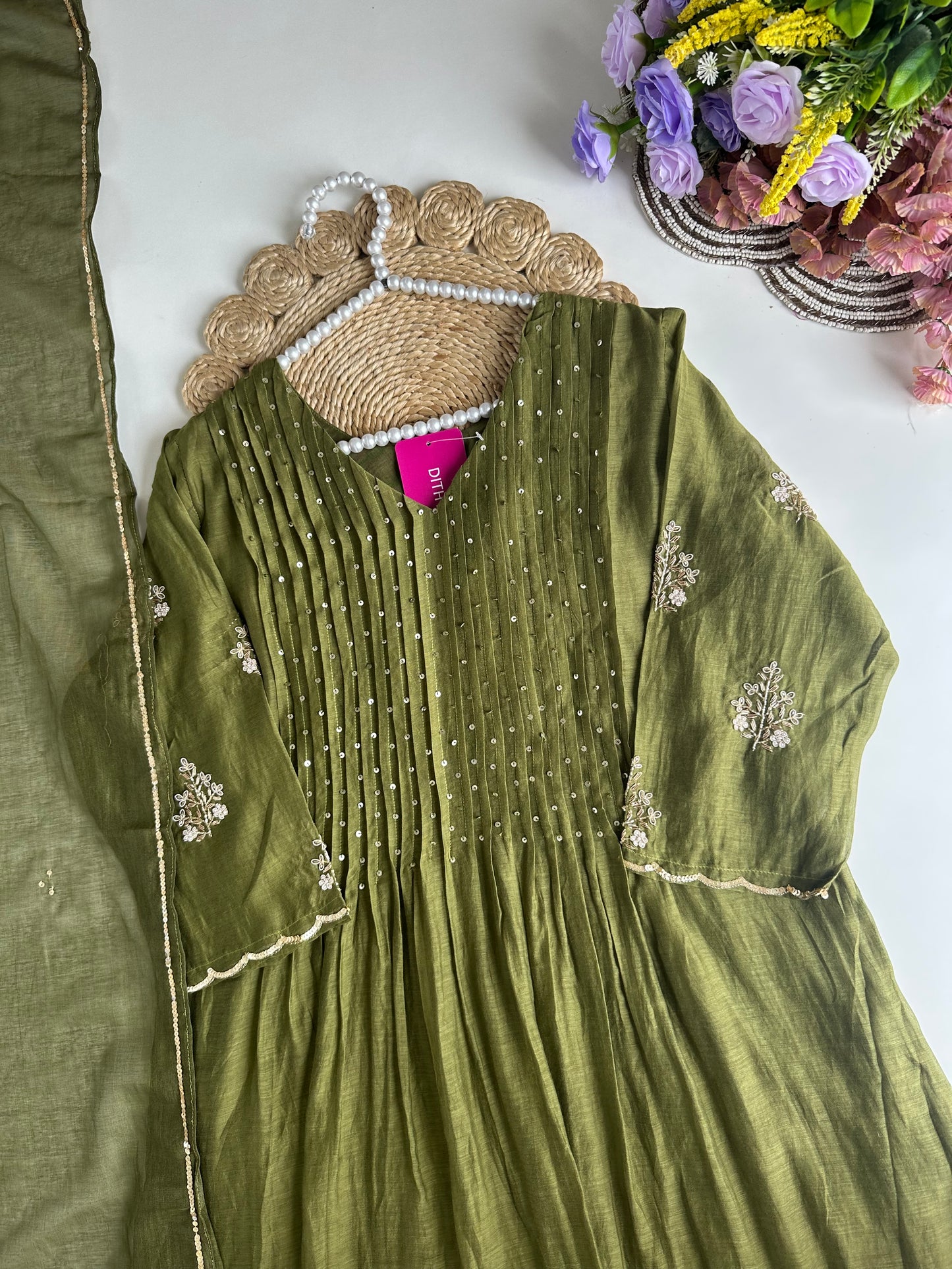 K210 - Mul Chanderi handwork Anarkali with pants and dupatta in 2 colours