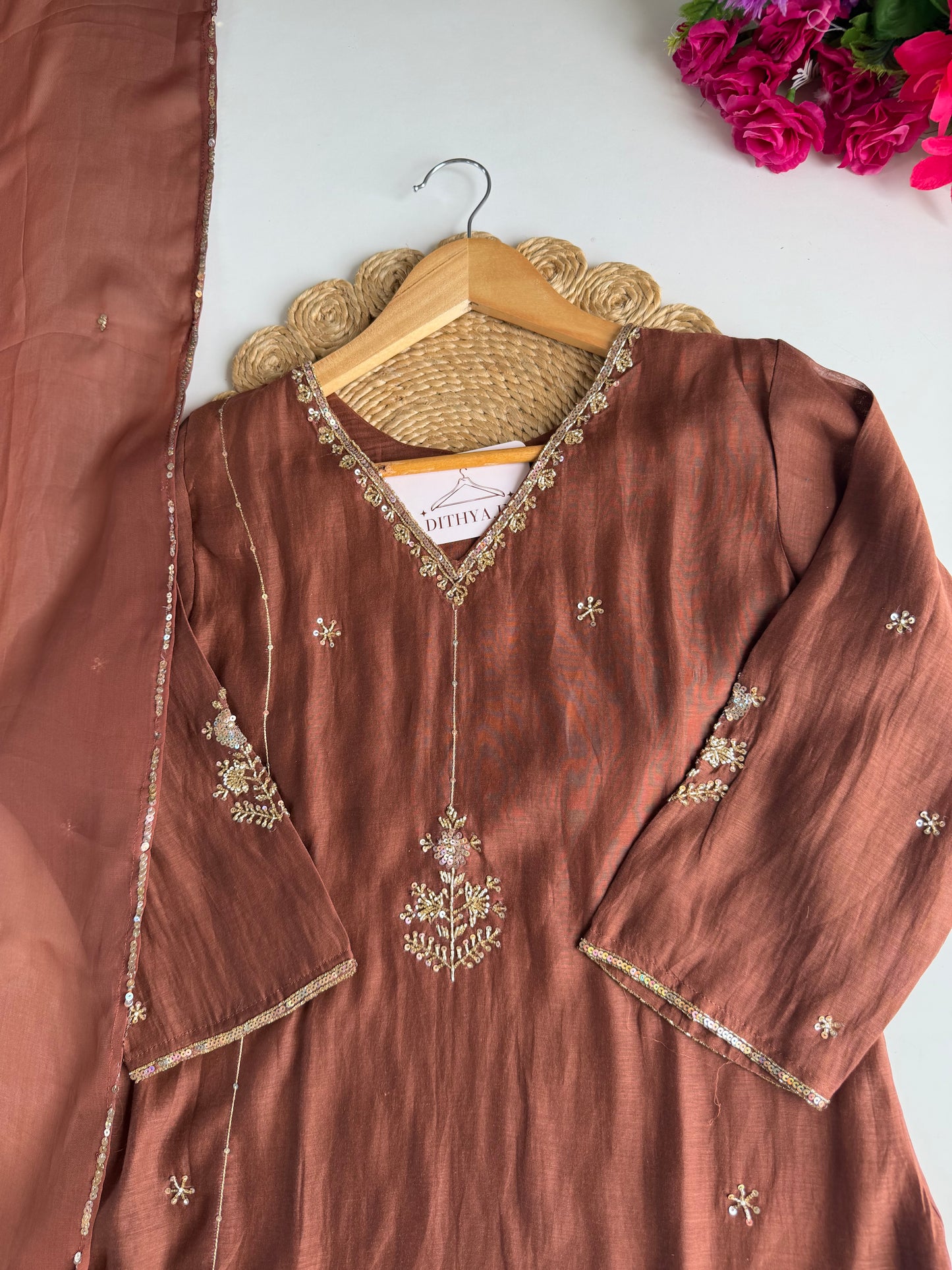K544 - Mul Chanderi Handwork aline Kurti with pants and dupatta