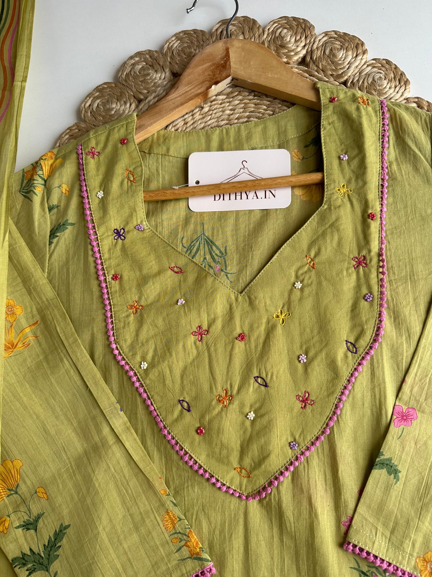 K270 - Mul cotton embroidered straight Kurti with pants and dupatta