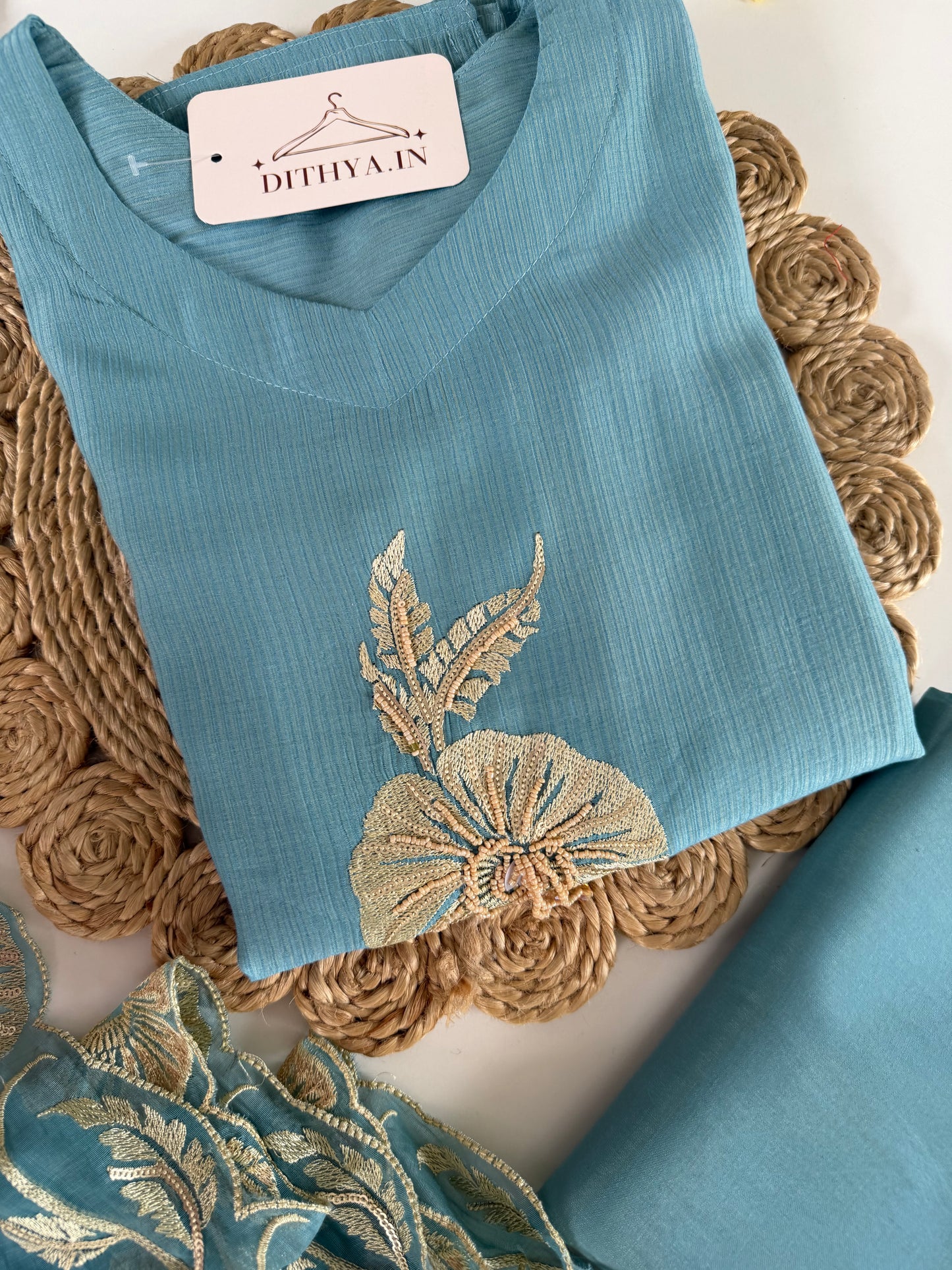 K542 - Muslin doriya embroidered straight Kurti with pants and dupatta