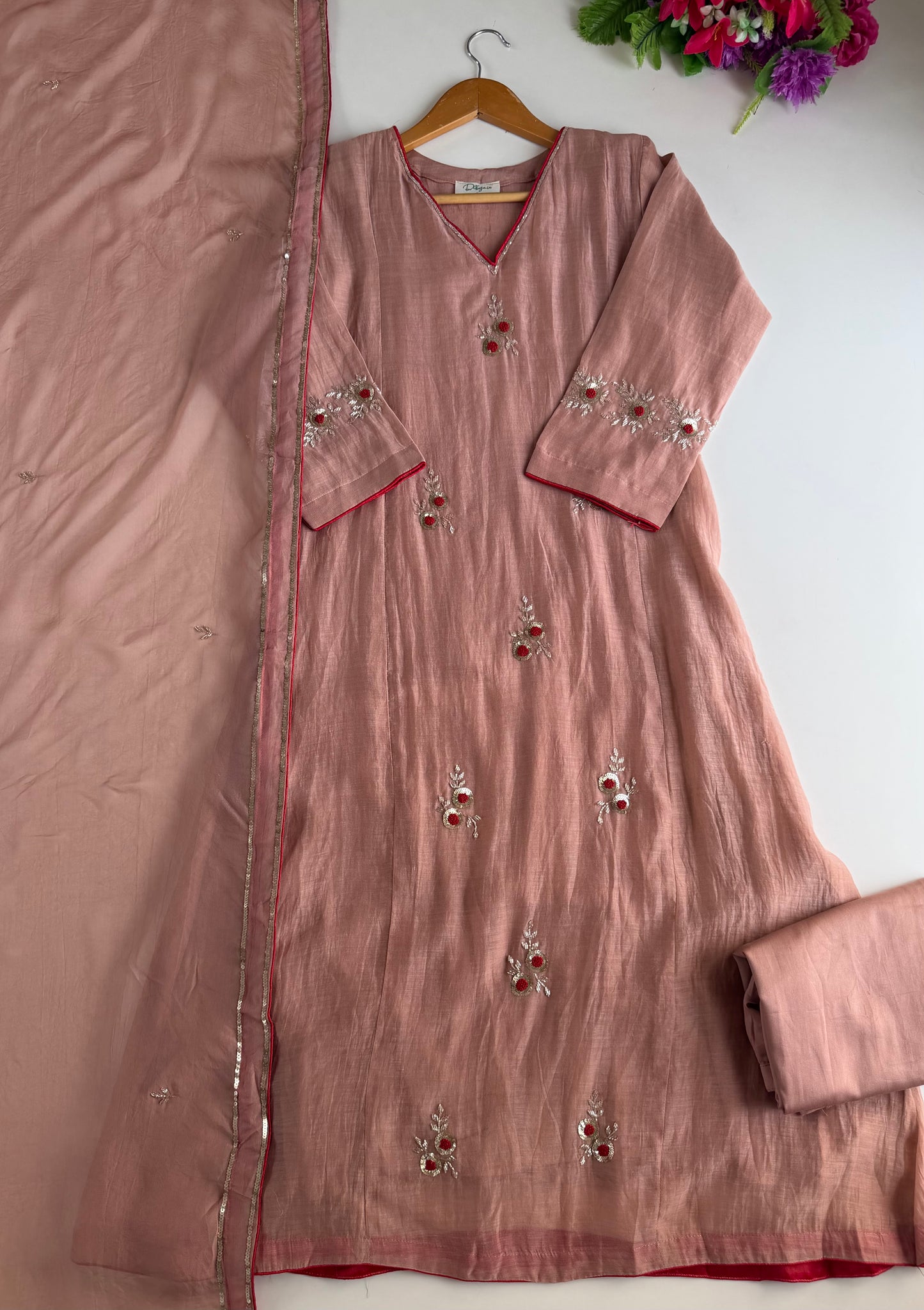 K484 - Mul chanderi handwork aline Kurti with pants and dupatta