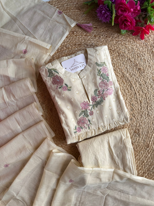 K296 - Mul cotton floral embroidered Anarkali with pants and dupatta