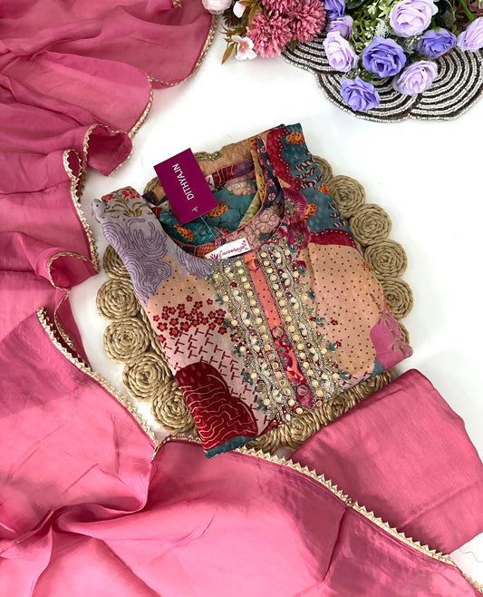 D077 -Muslin silk straight kurti with pants and dupatta