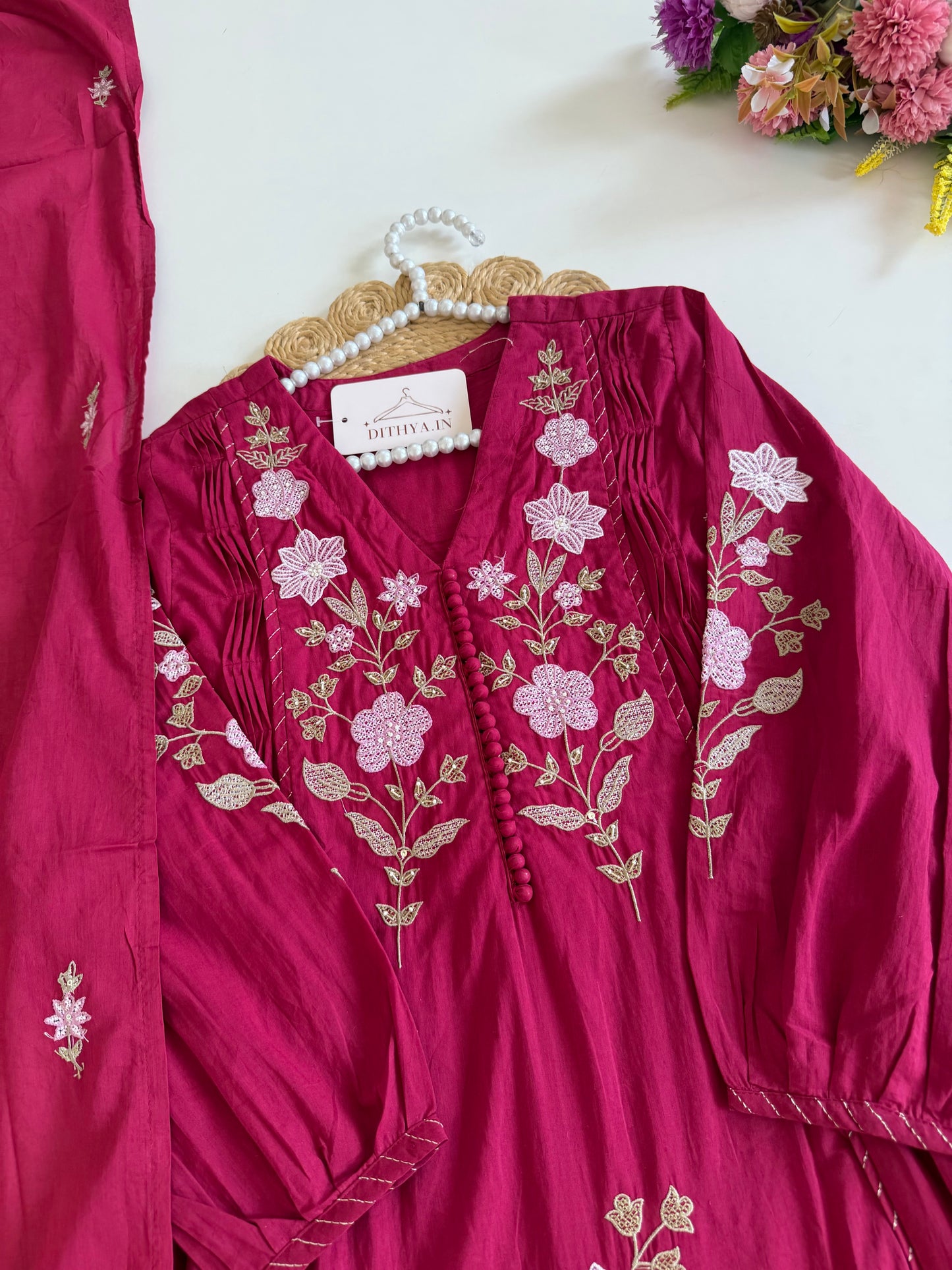 K355 - Mul cotton embroidered Anarkali with pants and dupatta