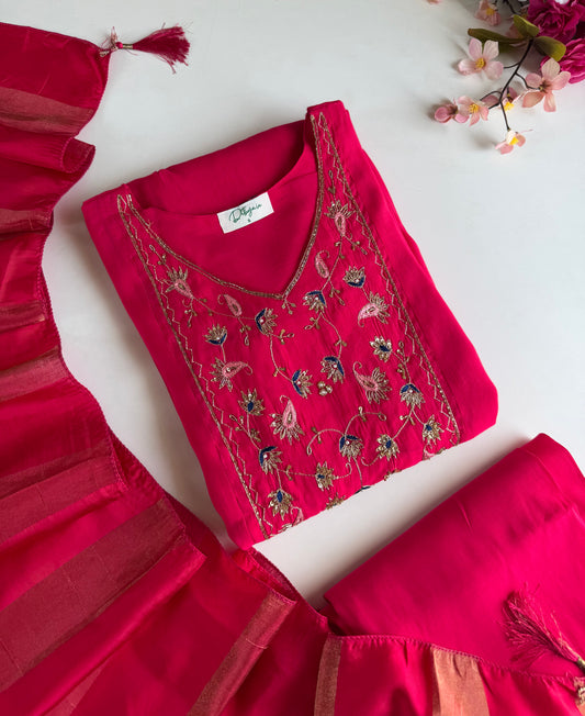K298 - Surat Mul chanderi handwork Anarkali with pants and dupatta