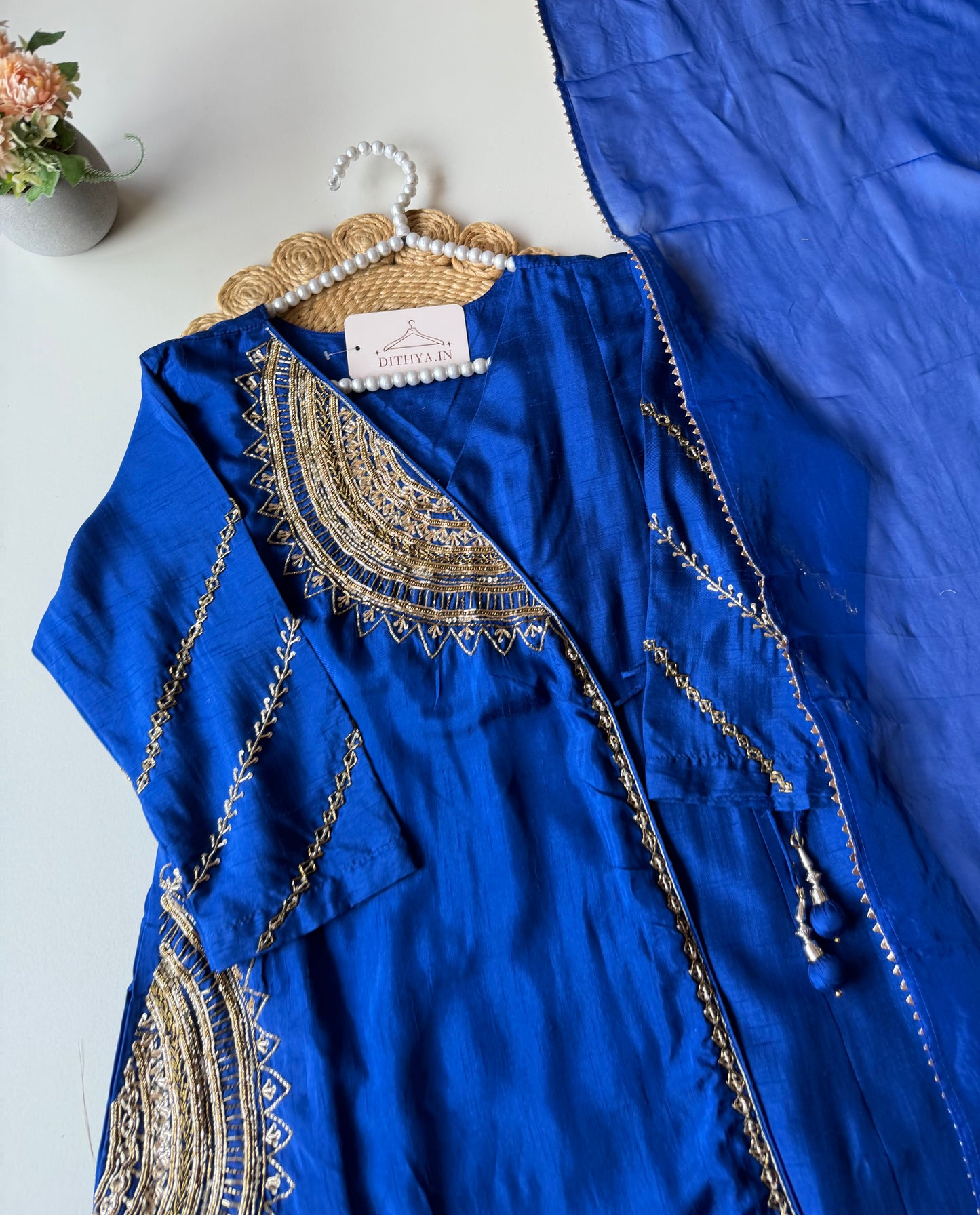 K206 - Russian silk handwork Angrakha Aline Kurti with pants and dupatta