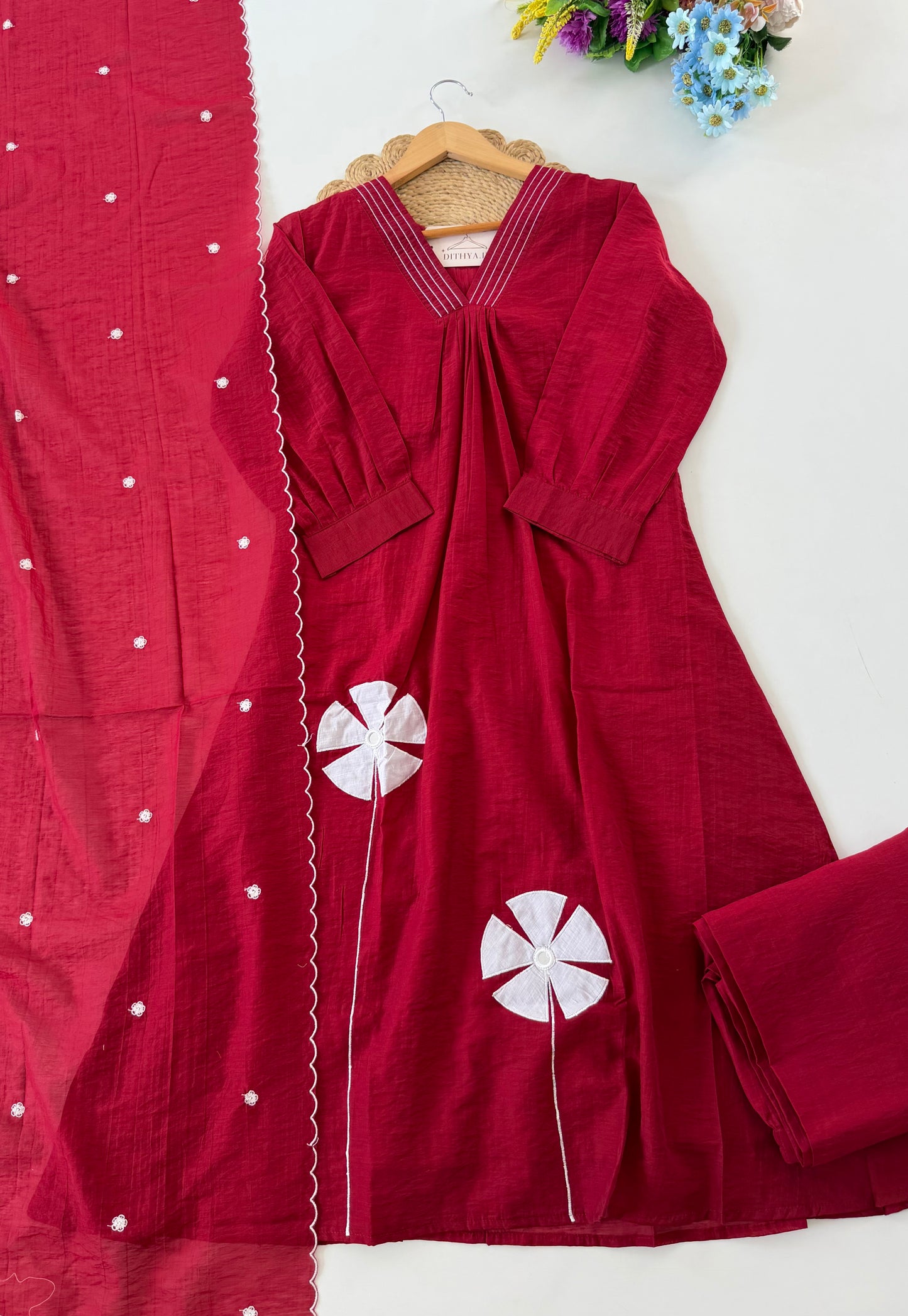 K532 - Muslin silk embroidered Aline Kurti with pants and dupatta in 2 colours